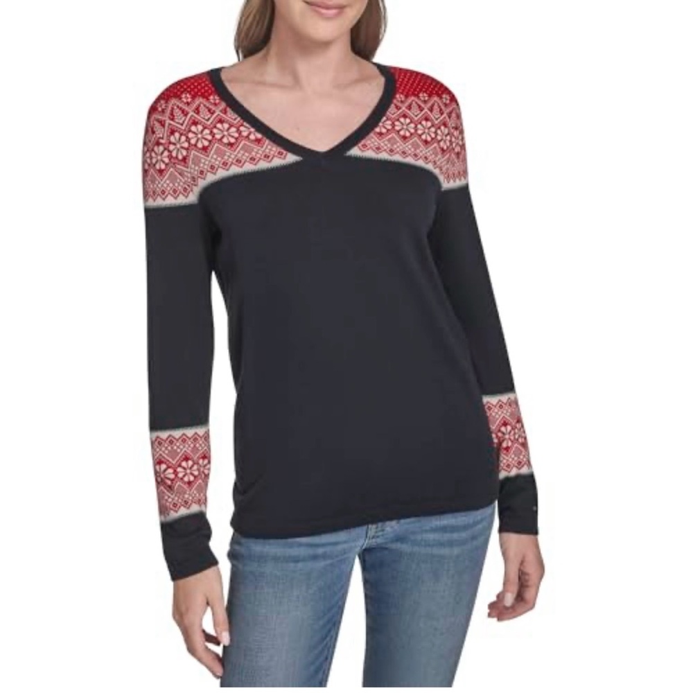 Tommy Hilfiger Black and Red Patterned Sweater